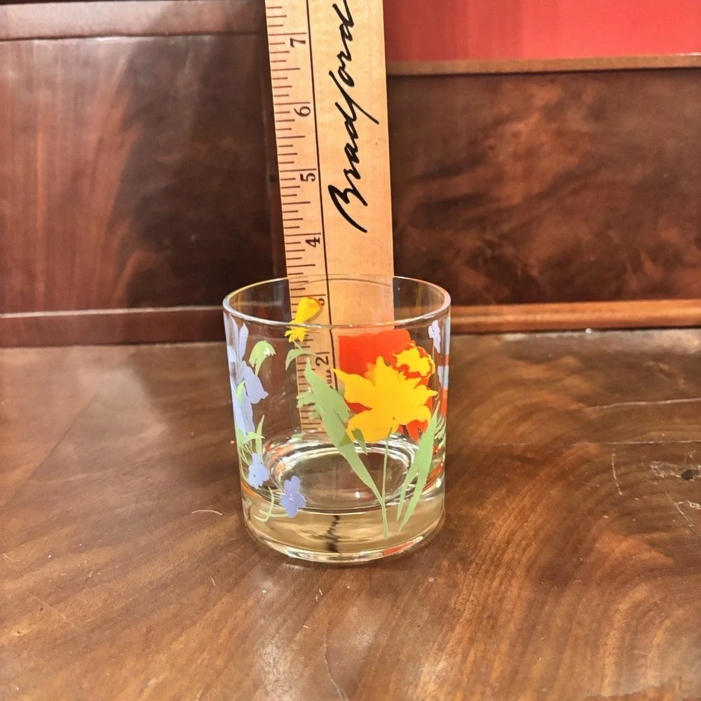 Set of 2 Retro‎ Floral Lowball Tumblers Daffodil Iris Poppy Cocktail Glasses VTG